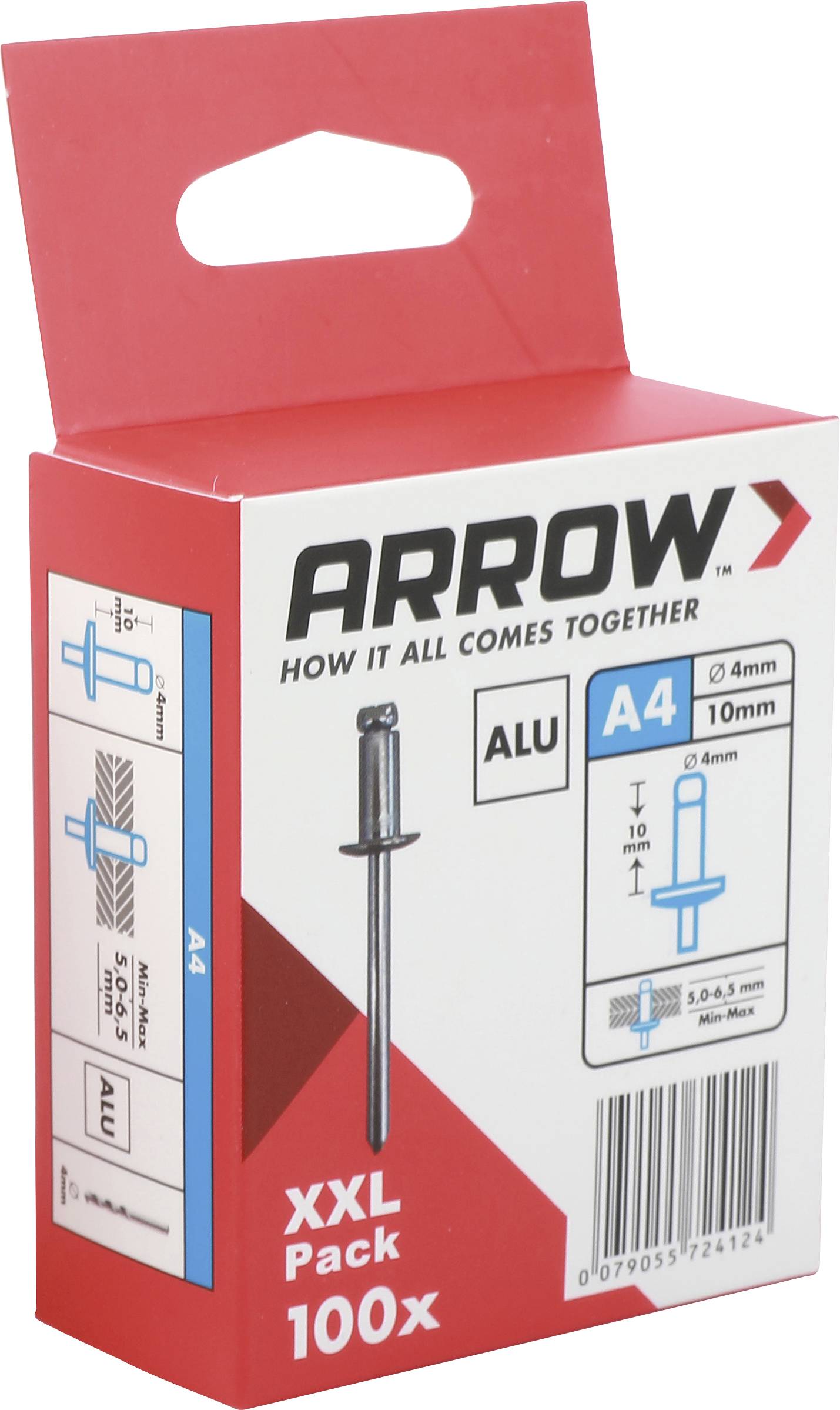 Red Arrow Niethefterpackung, gekennzeichnet als A4-Aluminium, XXL-Packung 100x, mit Nietgröße und Installationsdiagrammen auf der Verpackung.