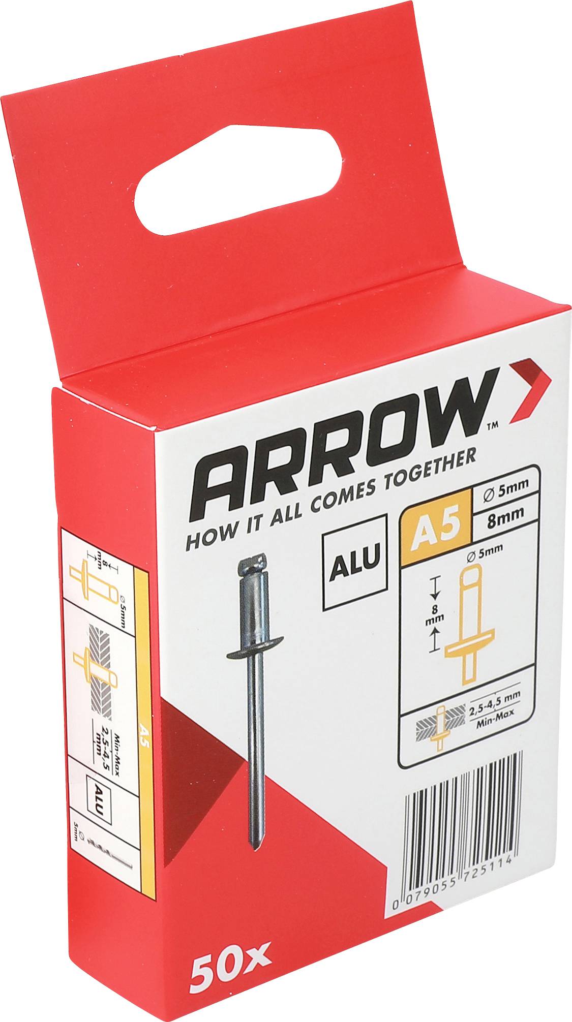 Ein rot-weißer Kasten mit Arrow A5 Aluminiumnägeln, mit der Aufschrift „50x