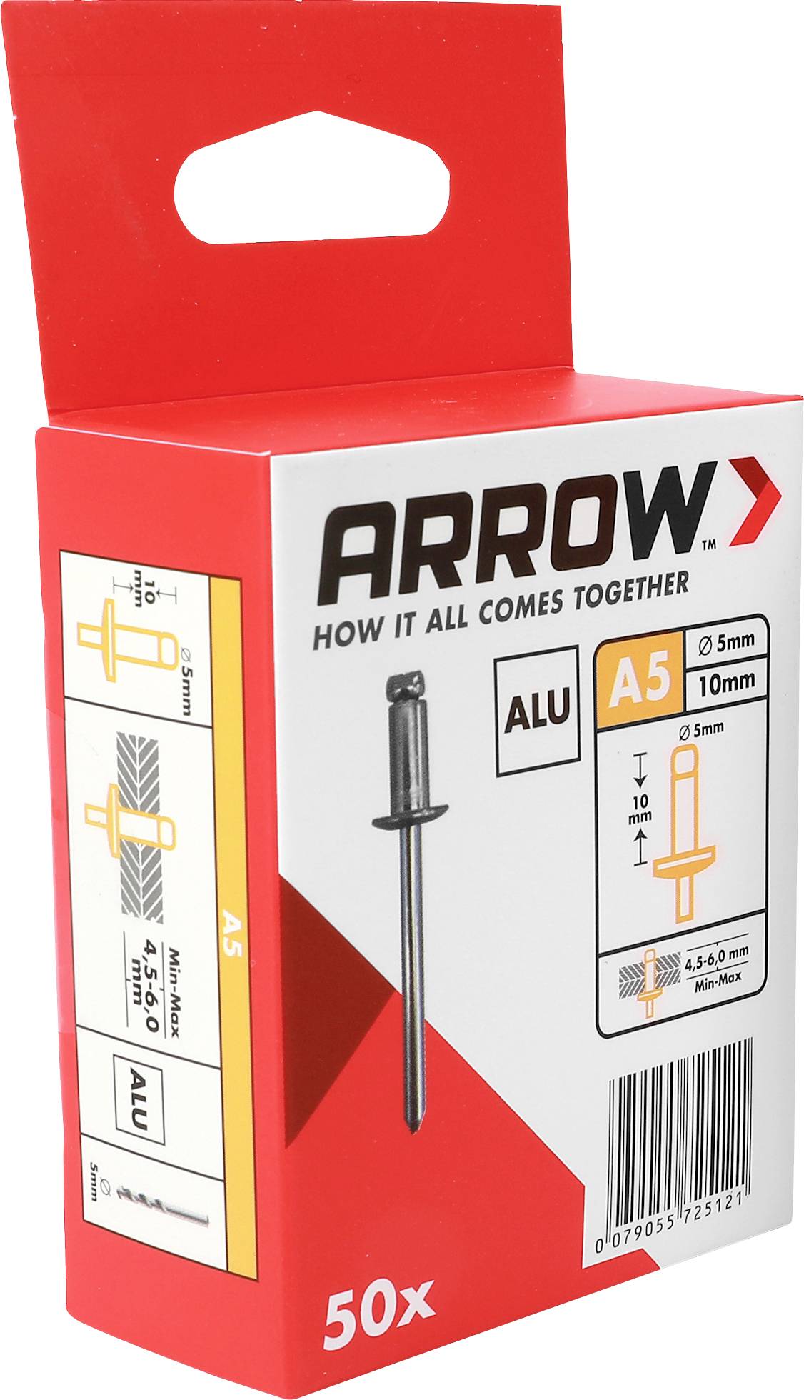 Rote ARROW Aluminium-Nietbox mit Beschriftung „50x