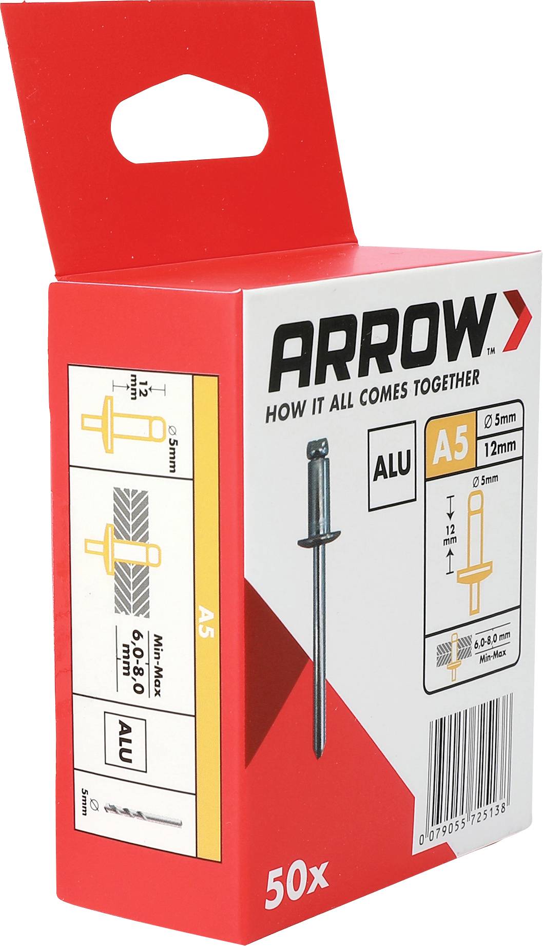 Rote Pfeif-Verpackungsbox für A5-Klammern, aufrecht dargestellt mit Produktabbildungen und „50x