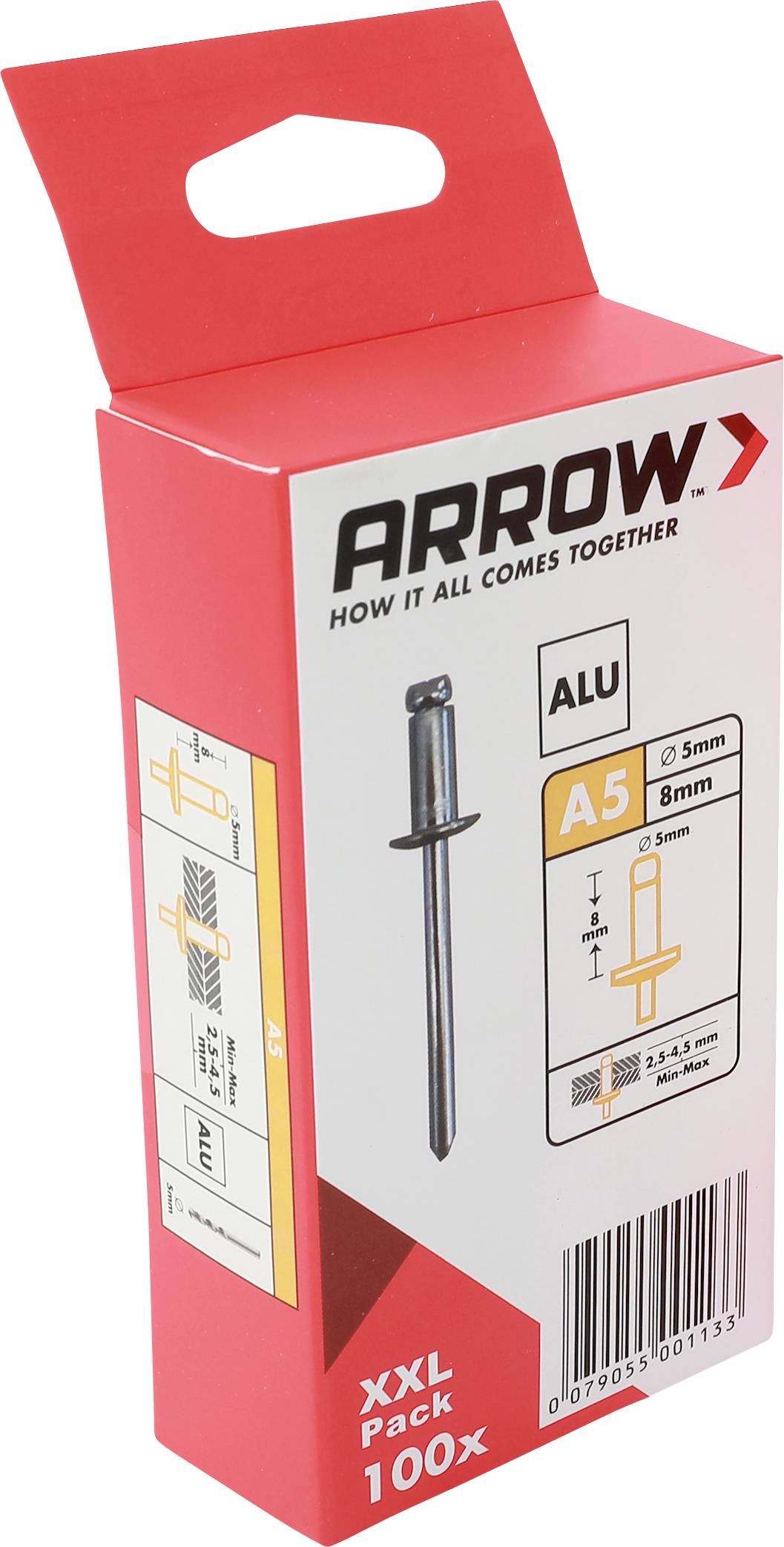 Rote ARROW-Verpackungsbox für Aluminium-A5-Befestigungselemente, aufrecht dargestellt mit Produktillustration und Text „XXL pack 100x