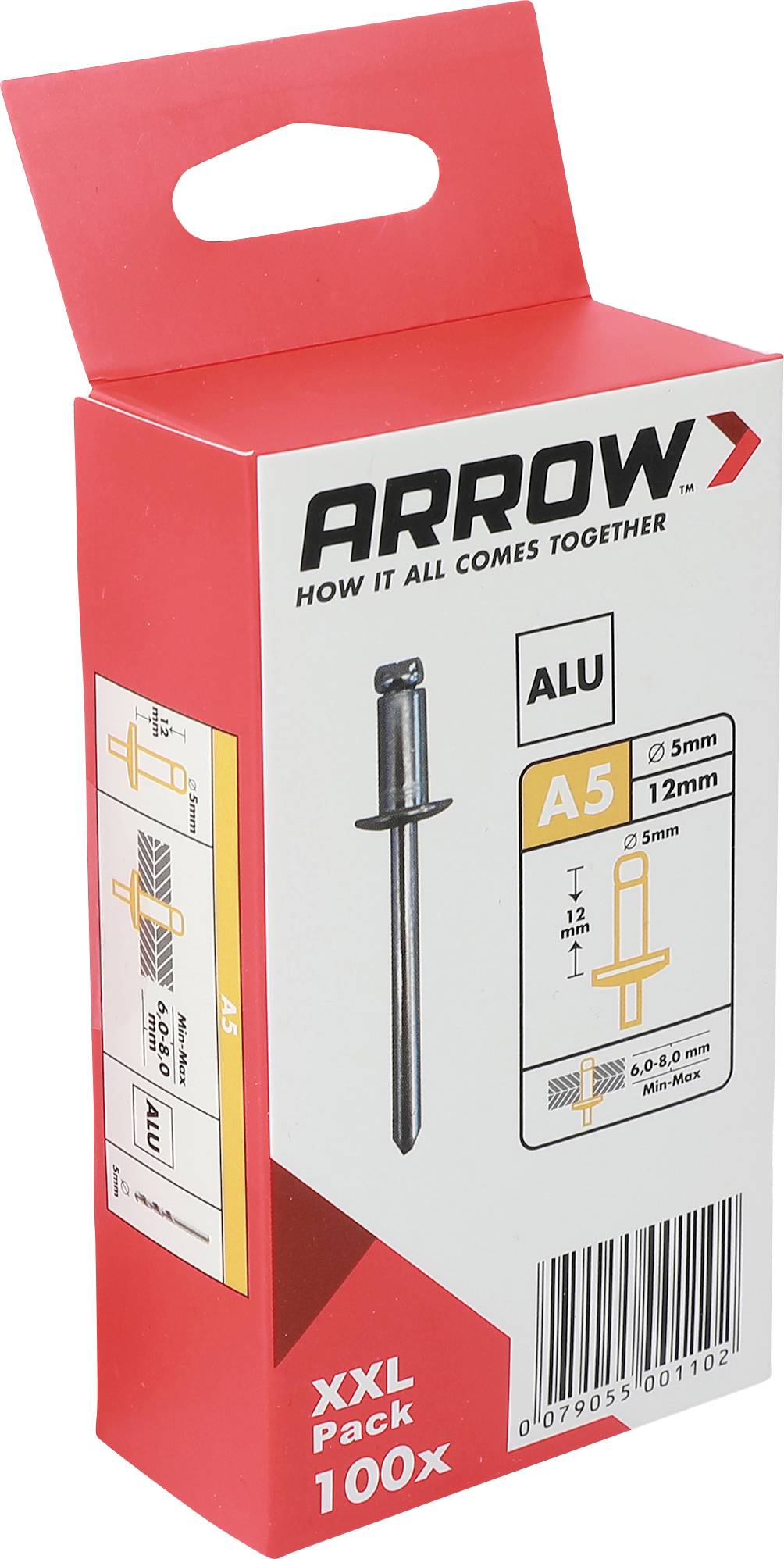 Roter Pfeil Aluminium-Befestigungsset Karton mit Bezeichnung A5 12mm, XXL-Packung 100er, aufrecht auf weißem Hintergrund dargestellt.