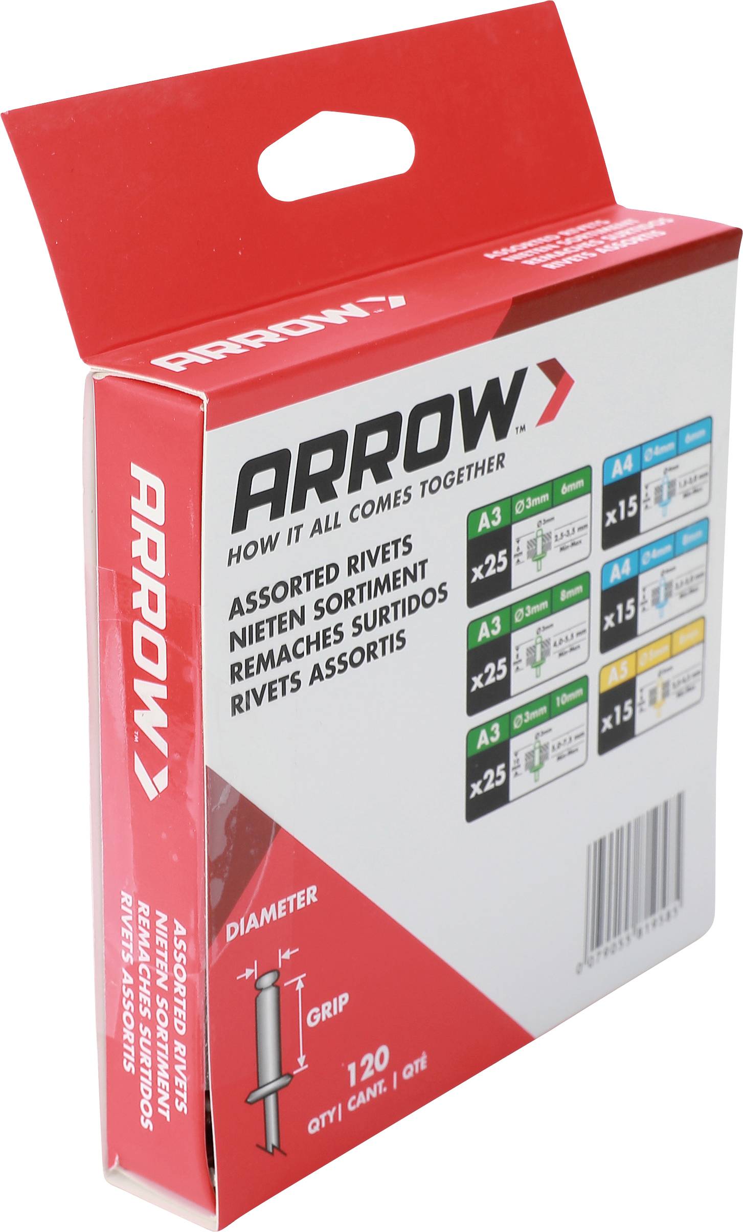 Packung mit Arrow Universalbolzennietern, beschriftet mit „How it all comes together