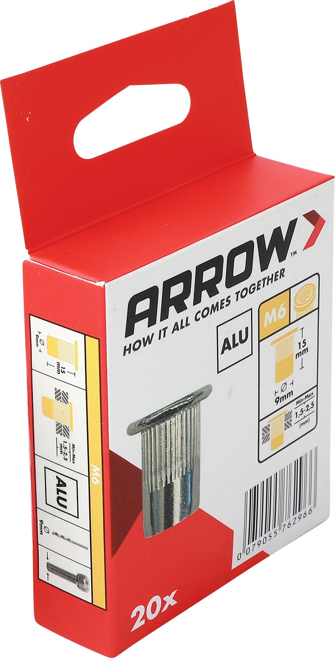 Kasten mit Arrow-Aluminiumnägeln, 20er-Pack, gezeigt in Produktverpackung mit Griffausschnitt und Strichcode.