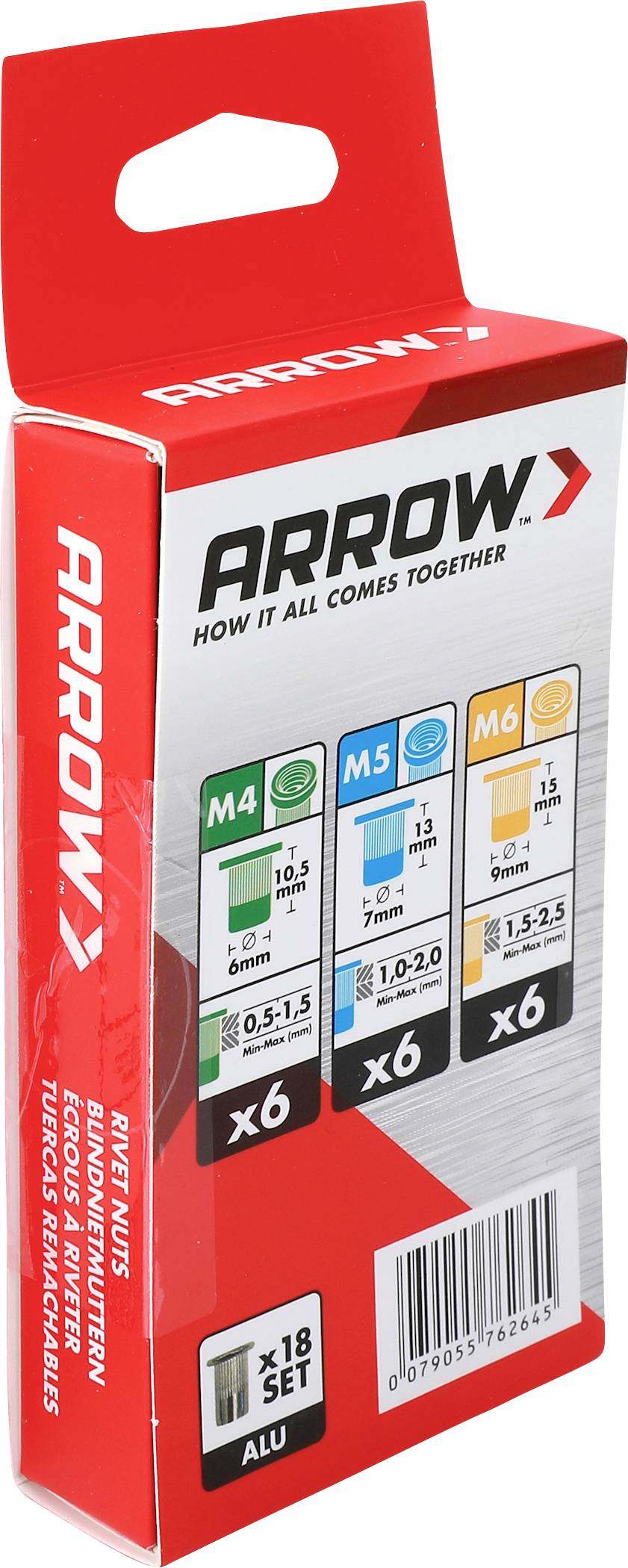 Red Arrow Befestigungselement-Sortimentspack mit assortiertem M4, M5 und M6 Befestigungsmaterial, dargestellt auf weißem Hintergrund.