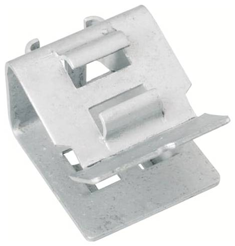 Metallische Federklammer mit gebogenem Spannbügel und flacher Montagebasis auf weißem Hintergrund.