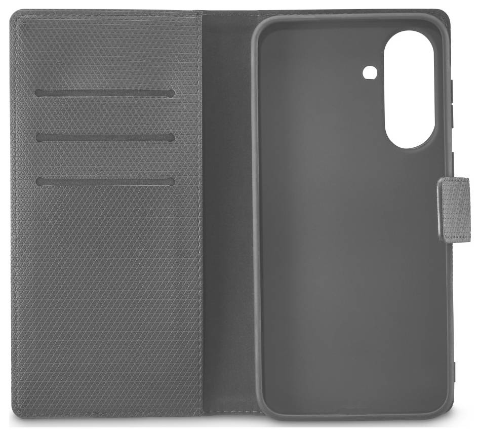 Schwarze Folio-Stil-Smartphone-Schutzhülle offen, mit Kartenfächern auf der linken Seite und einer Kameraaussparung sowie einer Verschlussvorrichtung auf der rechten Seite.