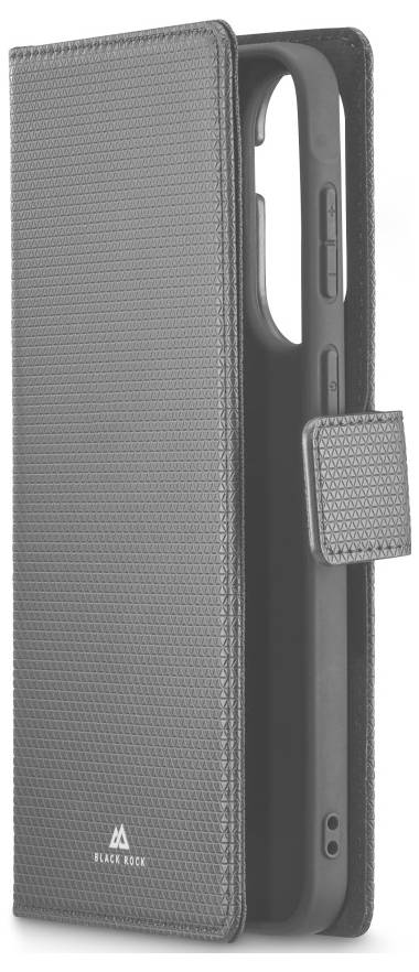 Grauer strukturierter Klapphandy-Schutzhülle im geschlossenen Zustand, mit magnetischem Verschluss und teilweise sichtbarem Telefon im Inneren.