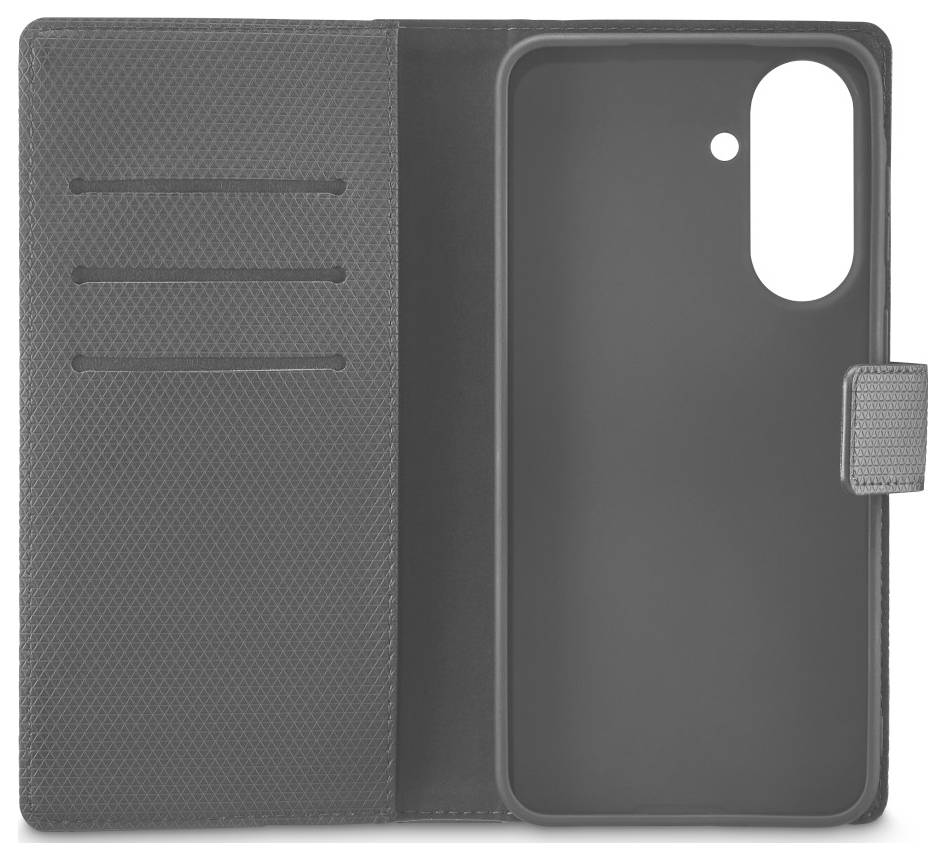 Graue Folio-Smartphonehülle im Klassischen Stil mit strukturierter Vorderseite, drei Kartensteckplätzen und Kameraaussparung auf der Rückseite.