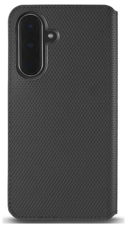 Schwarze strukturierte Smartphone-Hülle mit vertikalem Dreifach-Kamera-Ausschnitt und Blitzöffnung auf der Rückseite.