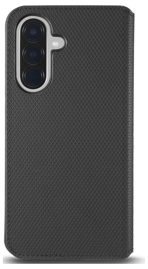 Schwarze strukturierte Smartphone-Hülle von hinten gezeigt, mit dreiköpfigem Kameraausschnitt oben links.