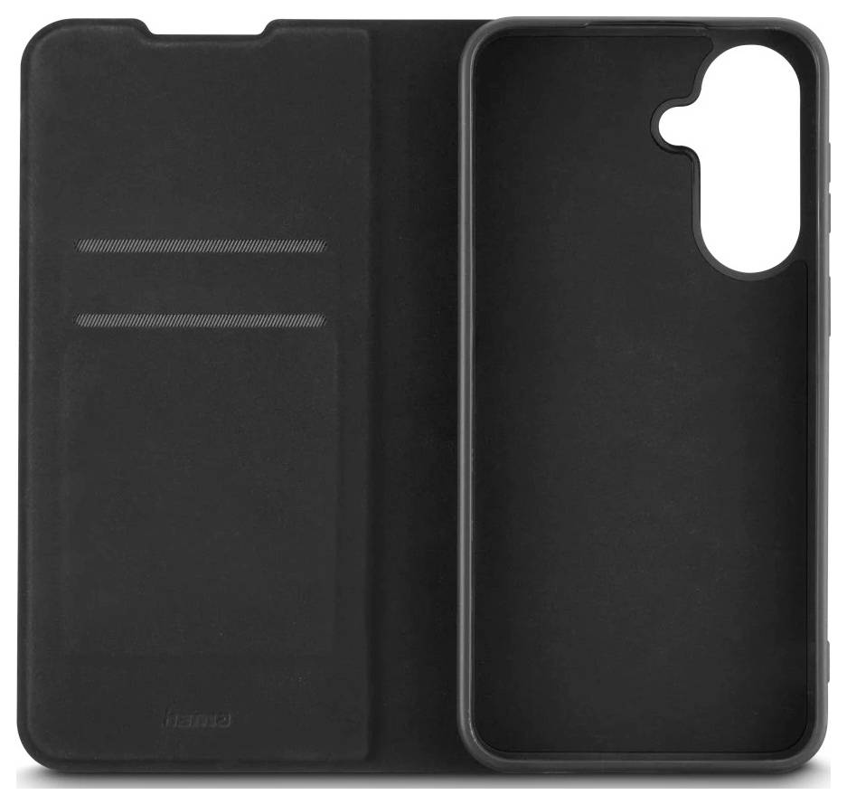 Schwarze Folio-Stil-Smartphone-Hülle mit Vorderdeckel und innerer Telefongehäuse-Aussparung für ein Dual-Kamera-Telefon.