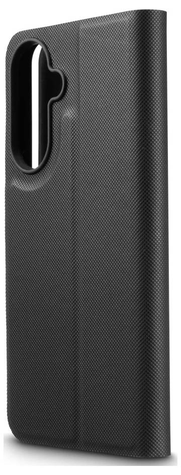 Schwarze strukturierte Handyhülle von hinten gezeigt, mit großem vertikalem Kameraausschnitt und abgerundeten Kanten.