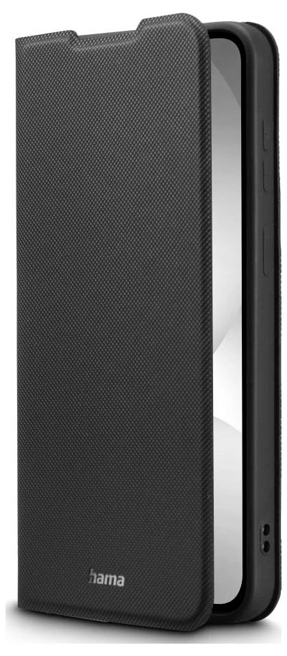 Schwarze strukturierte Klapp-Handyhülle mit magnetisch wirkendem frontalem Verschlussdeckel und freigelegten Seitentasten, mit der Marke „hama