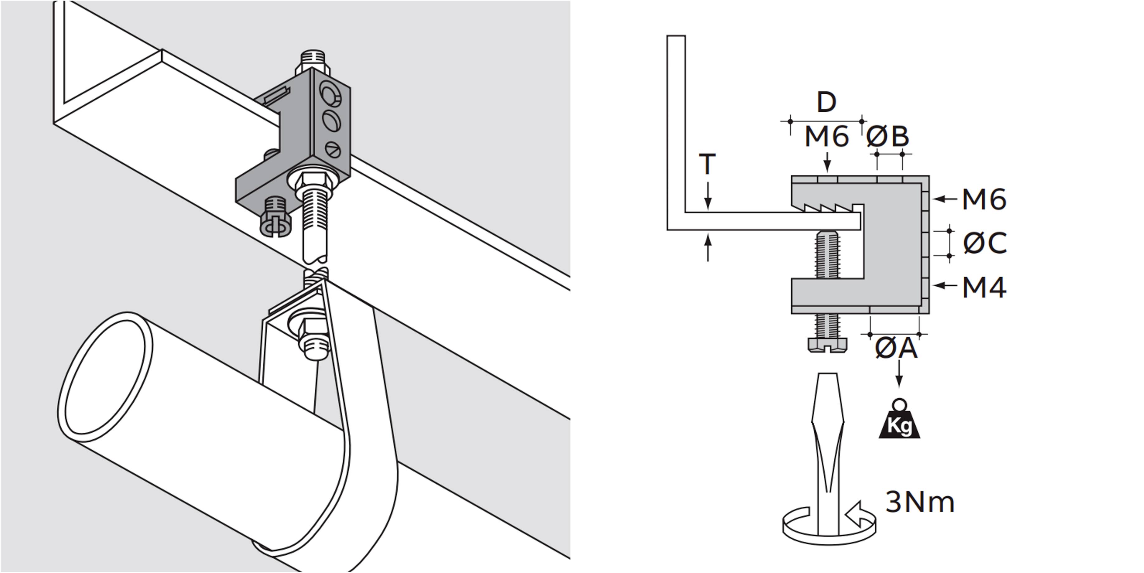 Diagramm eines deckenmontieren Klemmenhalters, der ein Rohr hält, und eine Seitenansicht mit gekennzeichneten Montagemaßen A, B, C, D, M4, M6 und Anzugsdrehmoment 3 Nm.