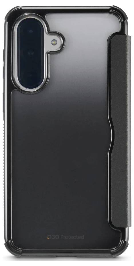 Schwarze Smartphone-Hülle mit transparenter Rückseite und erhöhtem Kameraausschnitt, von hinten fotografiert mit angebrachtem Seitengriff oder Trageriemen.