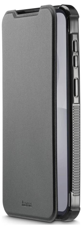 Graues Schutz-Smartphone-Etui, geschlossen dargestellt, mit erhobener Vorderseite und Zugang zu Seitentasten.