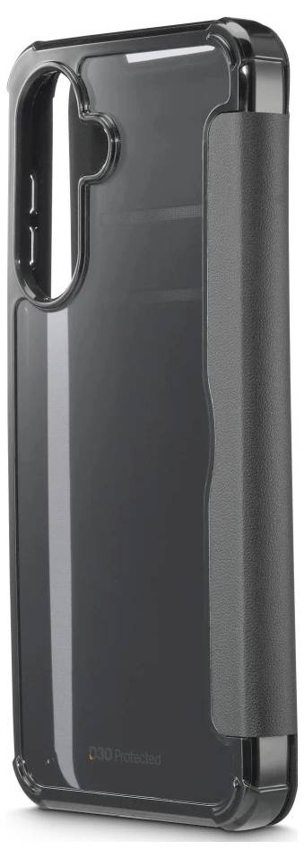 Schwarzes Smartphone-Gehäuse mit transparenter Rückseite, erhöhtem Kameraausschnitt und seitlichen Griffen, auf einem einfachen, hellen Hintergrund gezeigt.