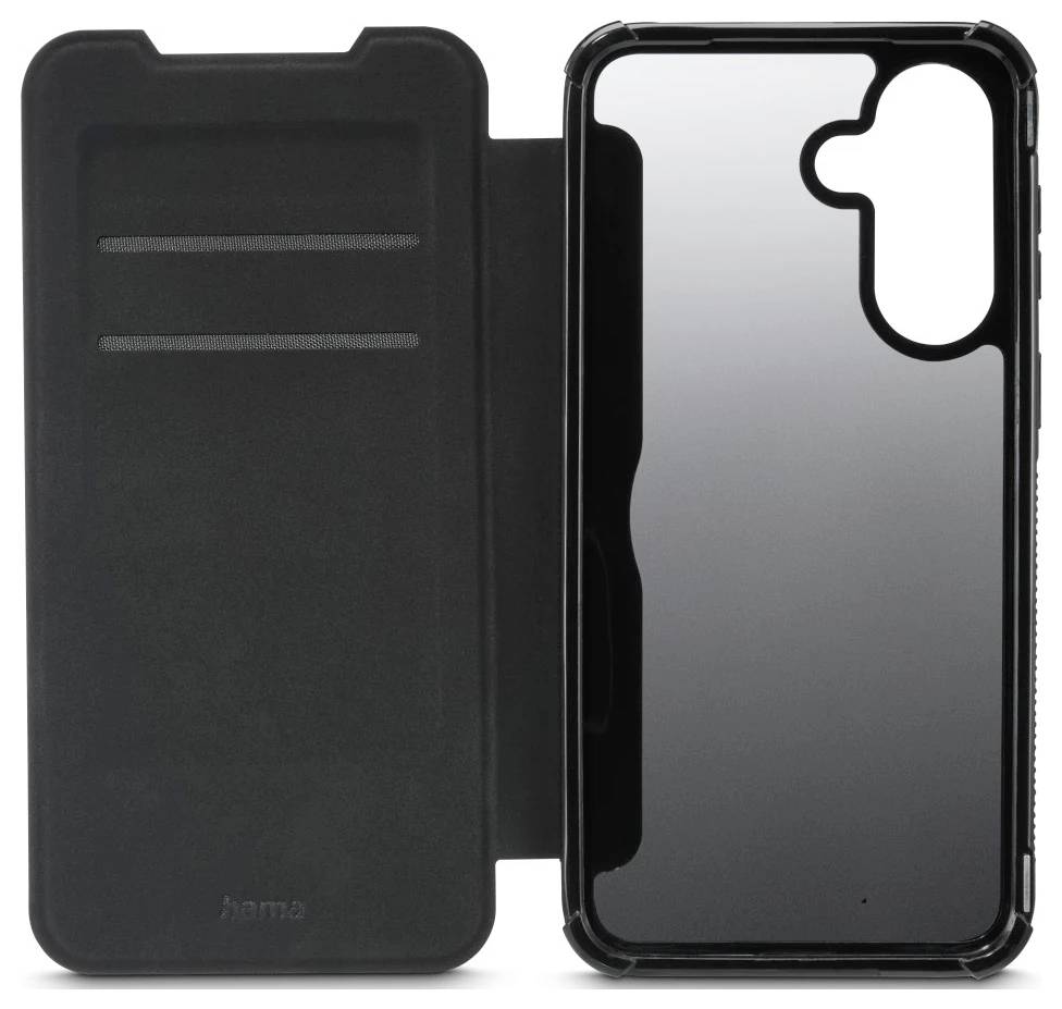 Schwarze Smartphone-Flipcase, aufgeklappt dargestellt, mit Kartensteckplätzen auf der linken Seite und geformter Handyhülle auf der rechten Seite.
