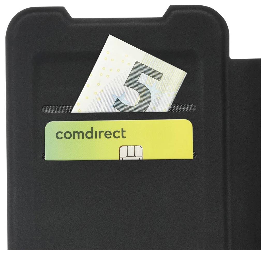 Schwarze Geldbörse oder Kartenetui mit einer Comdirect-Bankkarte im vorderen Kartenfach und einem fünf-Euro-Schein, der dahinter teilweise sichtbar ist.
