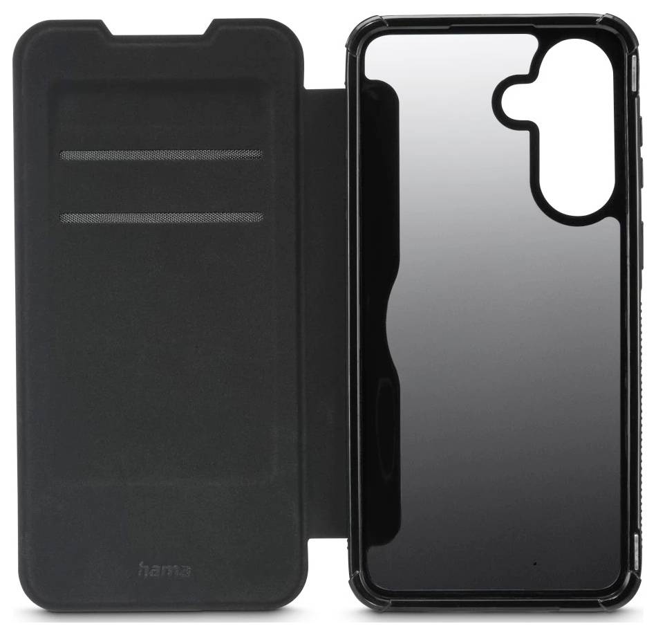 Schwarze Klapptelefonhülle mit Frontschutz und transparenter Hard-Shell-Rückseite, offen dargestellt.