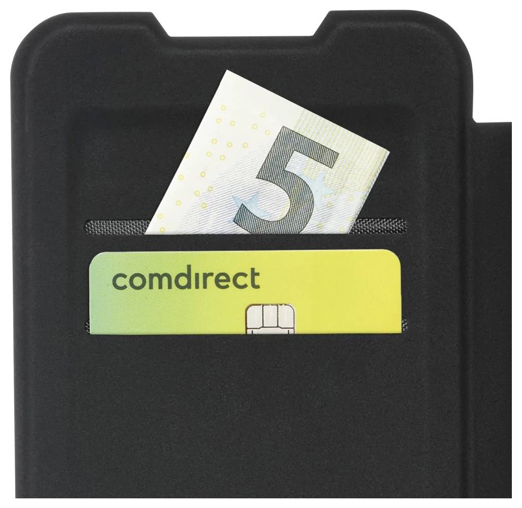 Schwarzes Portemonnaie oder Kartenetui mit einer Comdirect-Karte vorne und einem sichtbaren 5-Euro-Schein in der Tasche