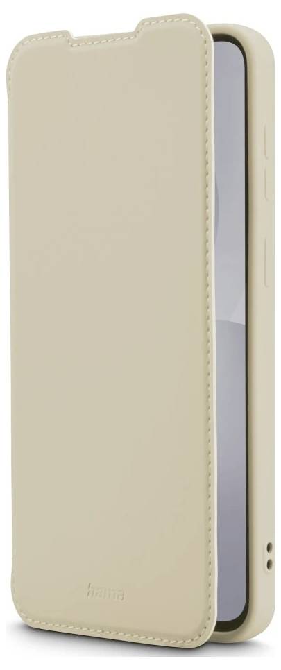 Beige Leder-Handy-Brieftasche mit genähten Kanten und Frontabdeckung, geschlossen auf einem Smartphone gezeigt.