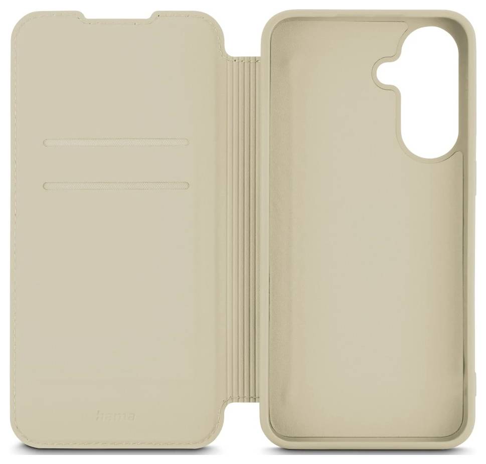 Beige Folio-Smartphone-Hülle im Buchstil mit Kartensteckplätzen auf der linken Seite und Kameraausschnitt auf der rechten Seite, offen dargestellt.