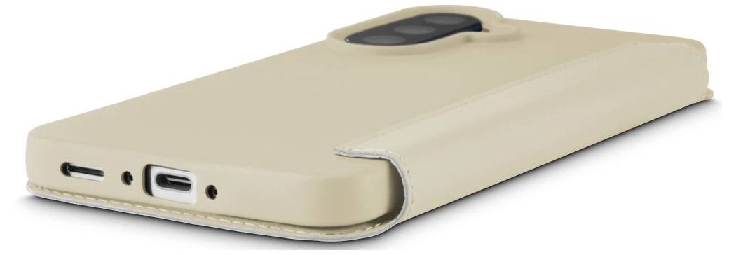 Beige Folio-Smartphone-Schutzhülle im Buchstil mit integriertem Ständer und Aussparungen für Laden und Tasten.