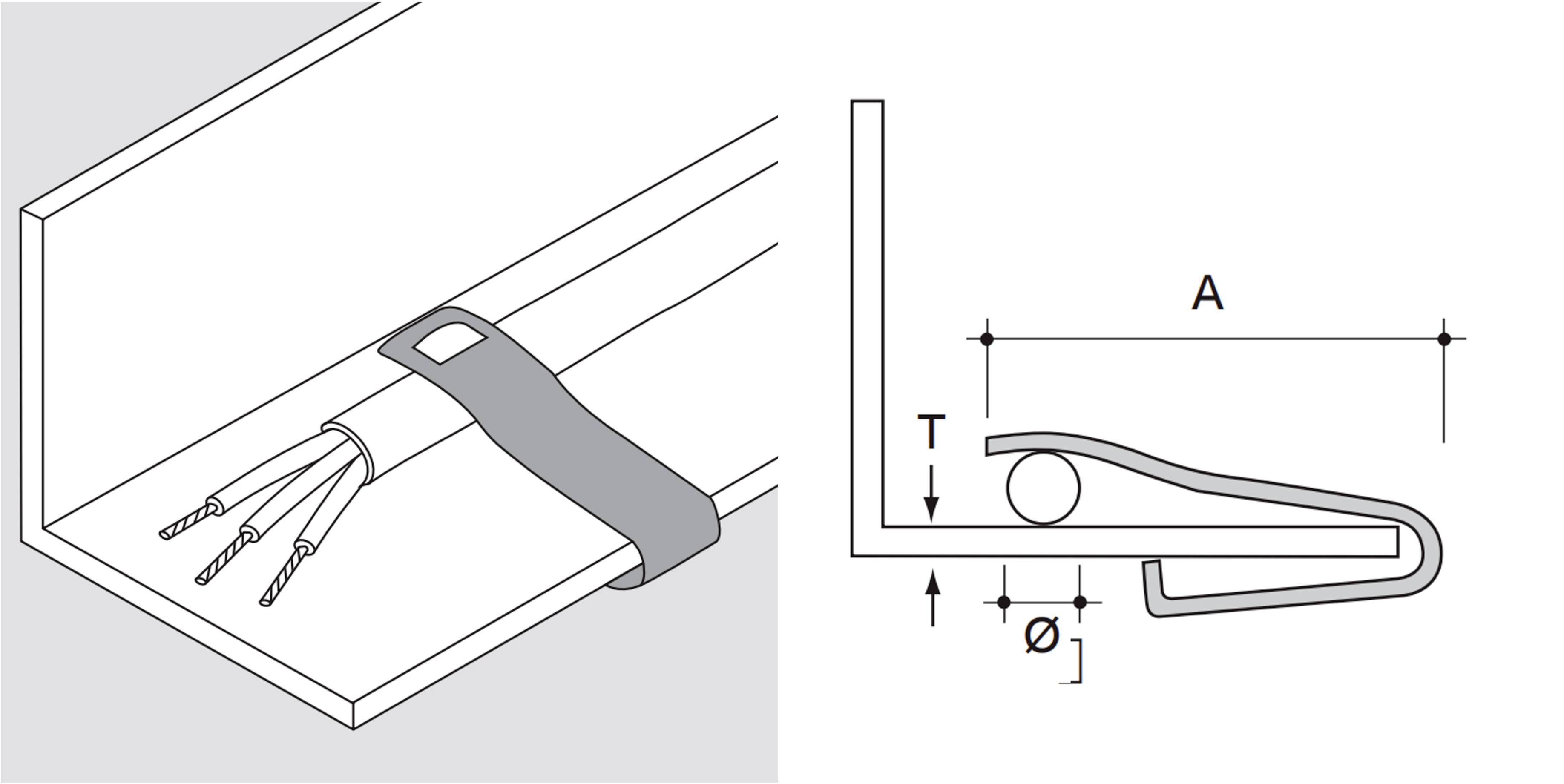 Abbildung eines Kabelclips, der Drähte auf einer ebenen Fläche befestigt, mit einer Seitenansicht, die seine Abmessungen mit den Bezeichnungen A, T und Durchmesser zeigt.