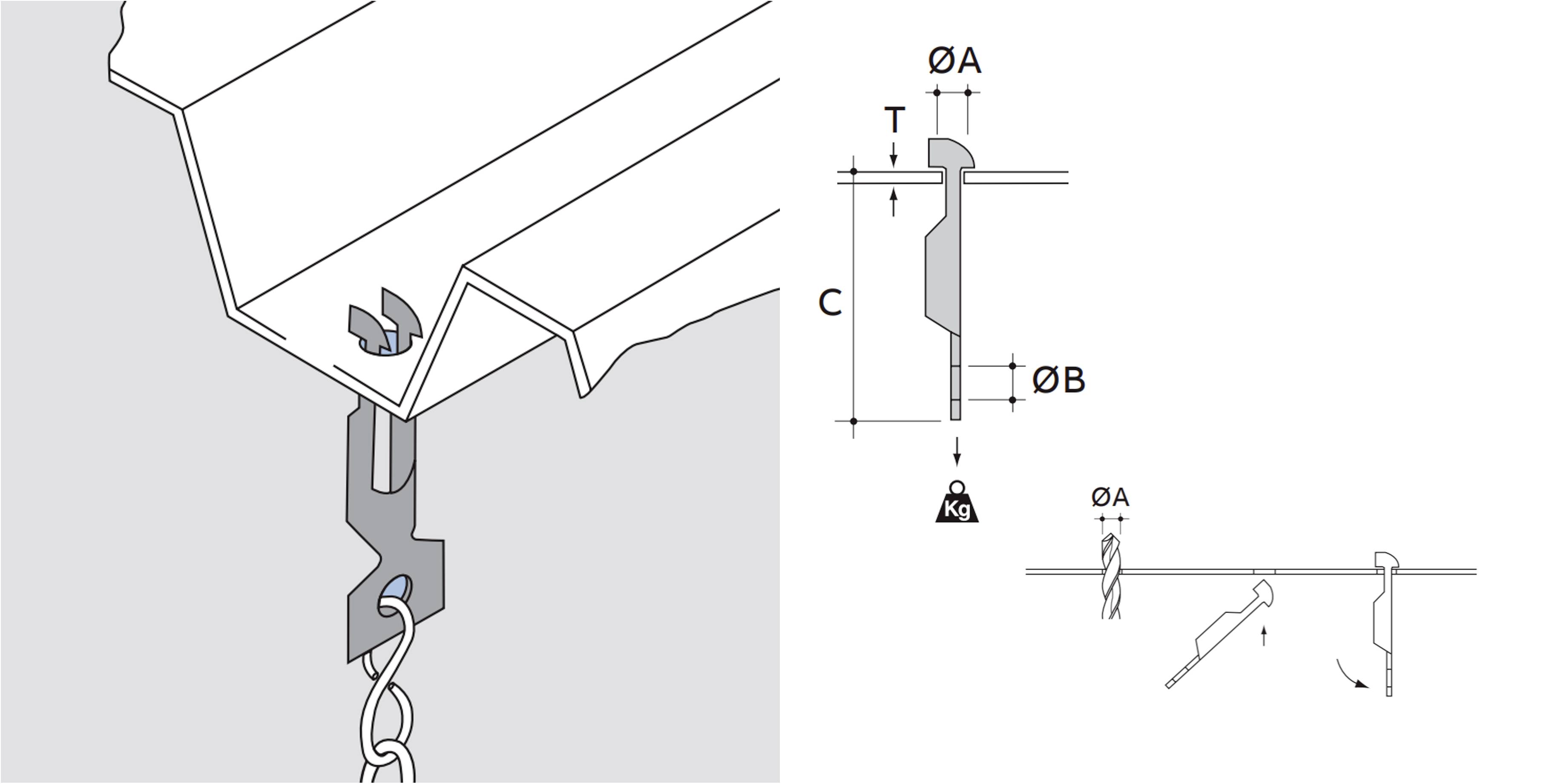 Diagramm einer Dachklemme mit Haken, die an einer Metallkante befestigt ist, mit Beschriftungen der Abmessungen ØA, ØB, C und T sowie eine Seitenansicht der Installationen unten.