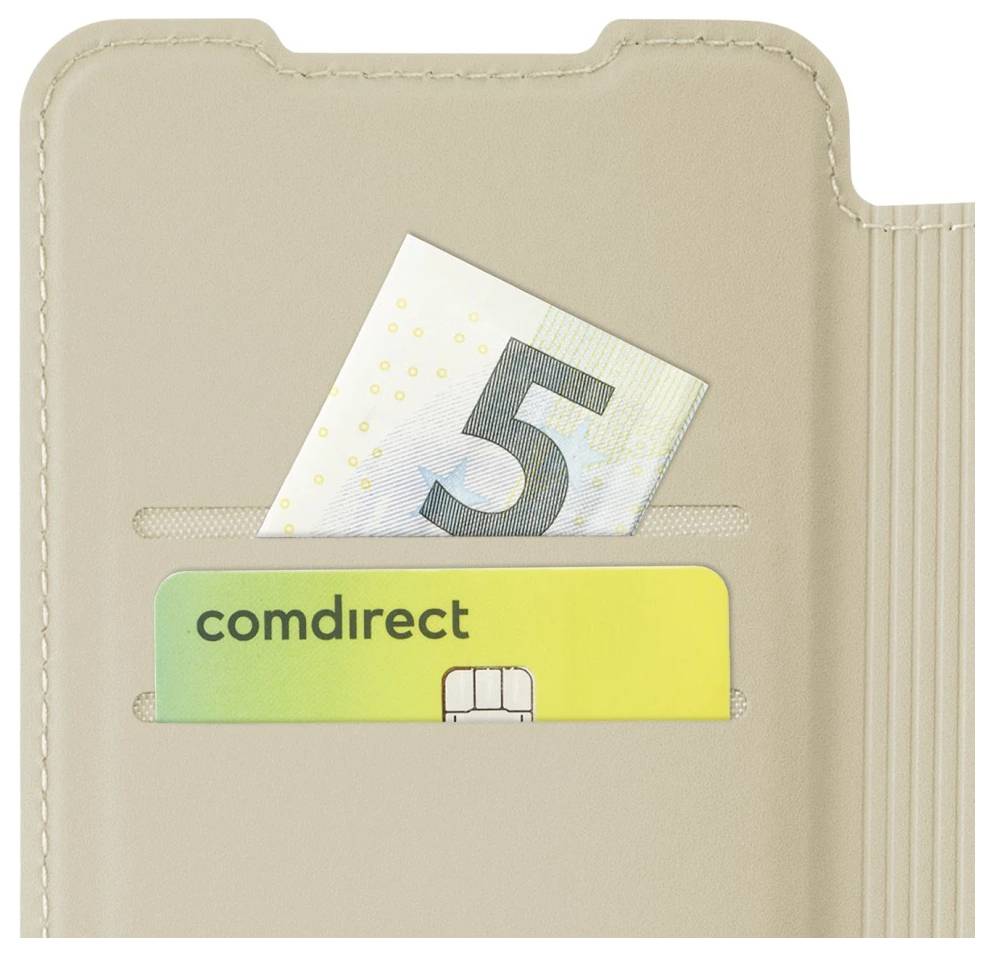 Beiges Portemonnaie mit einer Banknote im Wert von 5 und einer Comdirect-Karte, die teilweise in die vordere Tasche eingeführt ist.