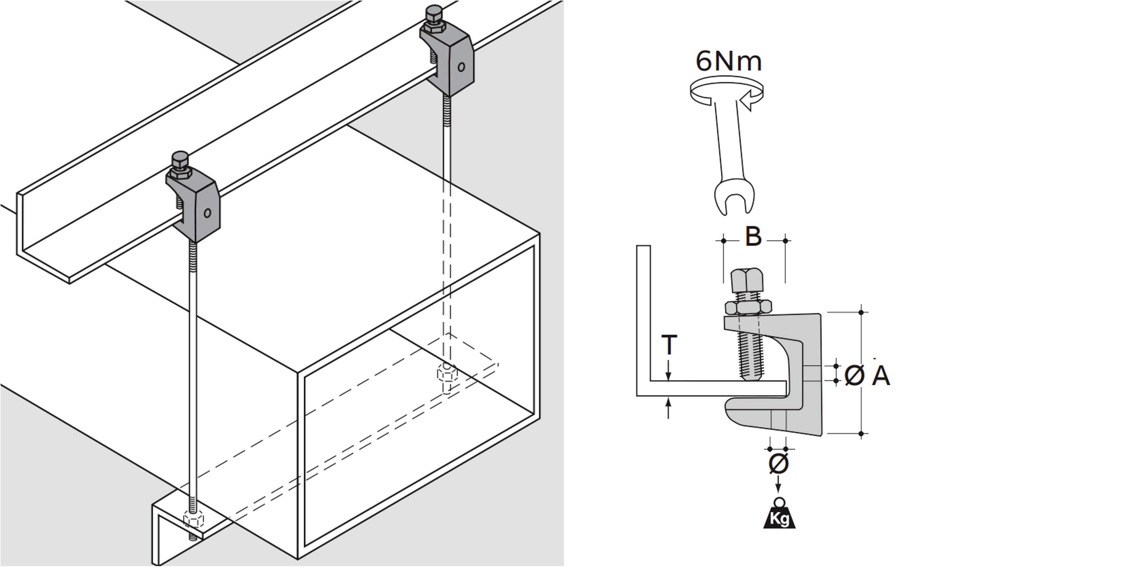 Diagramm zeigt eine kabelgestützte Kasteninstallation und Klemmendetail; Bolzen auf 6 Nm anziehen, mit den Abmessungen A, B und T beschriftet.