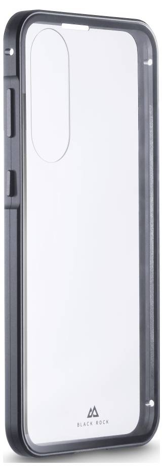 Schwarze Smartphonehülle mit transparenter Rückwand und erhöhten Schutzrändern, aufrecht auf weißem Hintergrund dargestellt.