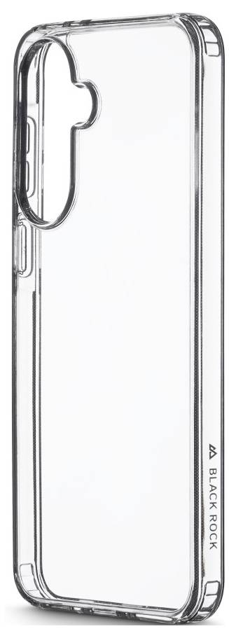 Transparente Smartphone-Schutzhülle mit Kameraaussparung, von hinten und von der Seite gezeigt, mit der Aufschrift „BLACK ROCK