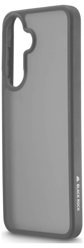 Graues Smartphone-Case mit erhöhtem schwarzem Bumper und Aussparung für die rückseitige Kamera, gezeigt auf weißem Hintergrund mit 'BLACK ROCK'-Branding.