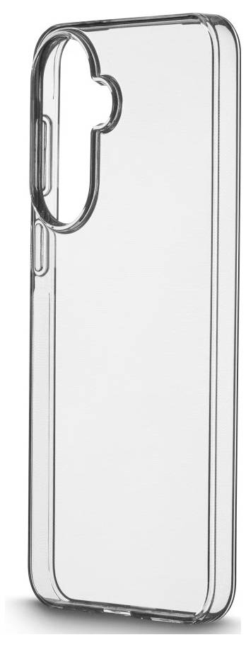 Transparente klare Handyhülle mit erhöhtem Kameraausschnitt, von hinten auf weißem Hintergrund gezeigt.