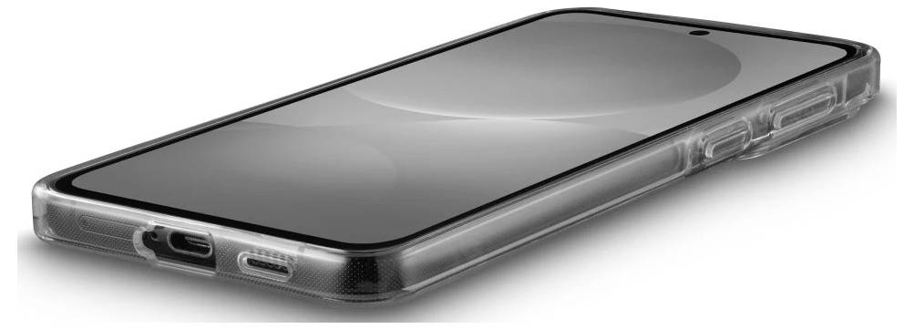 Ein Smartphone, das mit dem Bildschirm nach oben in einer transparenten Schutzhülle liegt, dargestellt aus einer angewinkelten Seitenansicht.