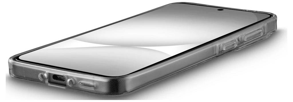 Ein klares Smartphone in einer transparenten Schutzhülle, das mit der Vorderseite nach oben auf weißem Hintergrund liegt.