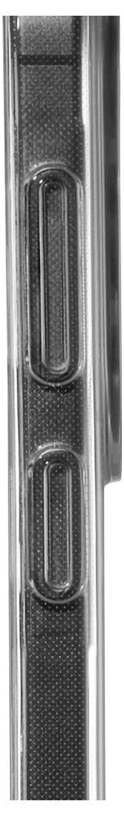 Nahaufnahme einer metallischen strukturierten Oberfläche mit zwei vertikal ausgerichteten ovalen Vertiefungen oder Schlitzen, wahrscheinlich Teil eines Produktgriffs oder Zierdetails.