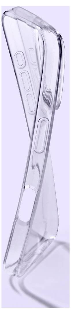 Transparente Smartphone-Schutzhülle in einer detaillierten Seitenansicht, die die Ausschnitte und Tastaturabdeckungen hervorhebt.