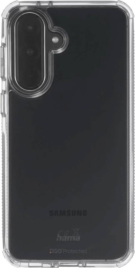 Transparente Schutzhülle für ein Samsung-Smartphone, von hinten gezeigt mit Kameraausschnitt und abgerundeten Ecken.