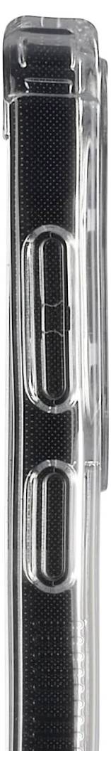 Nahaufnahme der Seitenkante eines Smartphones oder einer Schutzhülle, die zwei längliche Metallknöpfe und eine glänzende schwarze strukturierte Oberfläche zeigt.