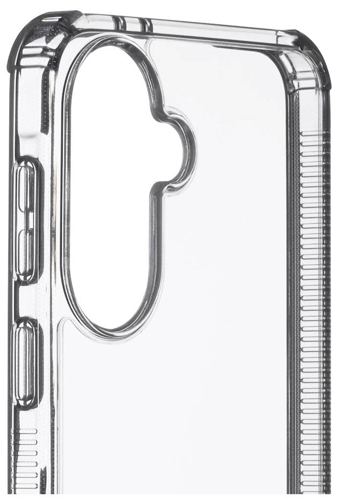 Transparente Smartphone-Hülle mit erhöhtem Kameraausschnitt und seitlichen Tastaturabdeckungen, in Nahaufnahme auf weißem Hintergrund gezeigt.