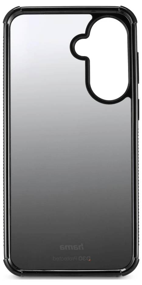 Schwarze Smartphone-Schutzhülle mit großem Kameraausschnitt, dargestellt auf weißem Hintergrund.