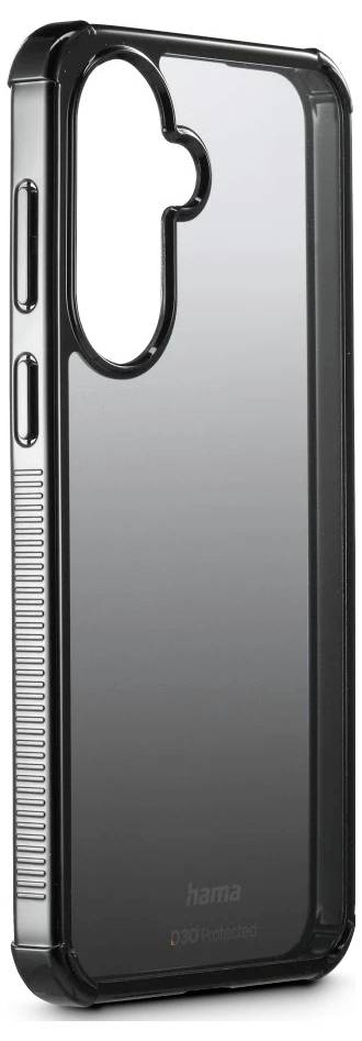 Schwarzes Smartphone-Schutzhülle mit glänzender Rückseite und erhöhtem Kameraausschnitt, gezeigt auf weißem Hintergrund.