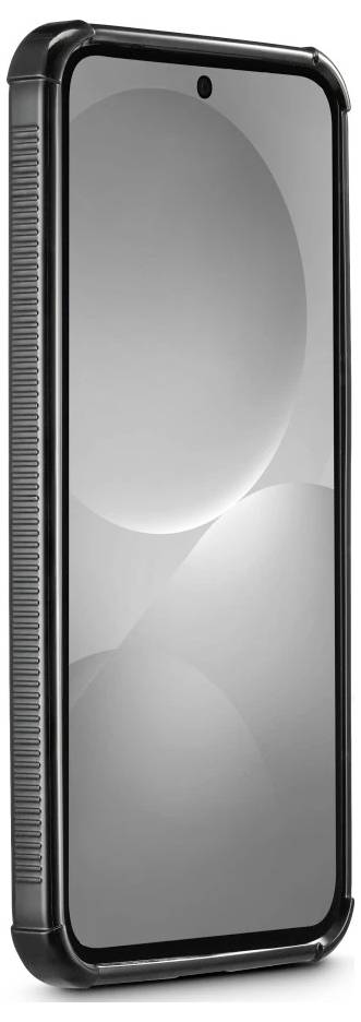 Robuste schwarze Smartphone-Hülle mit transparenter Rückseite und erhöhten Schutzrändern, von hinten gezeigt.