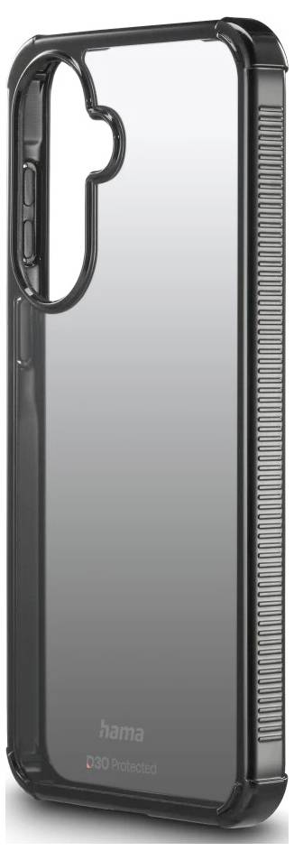 Schwarzes Hama Smartphone-Schutzcase mit erhöhten Stoßkantenkanten und strukturiertem Seitenhalt, gezeigt in einer produktstilisierten Seitenansicht.