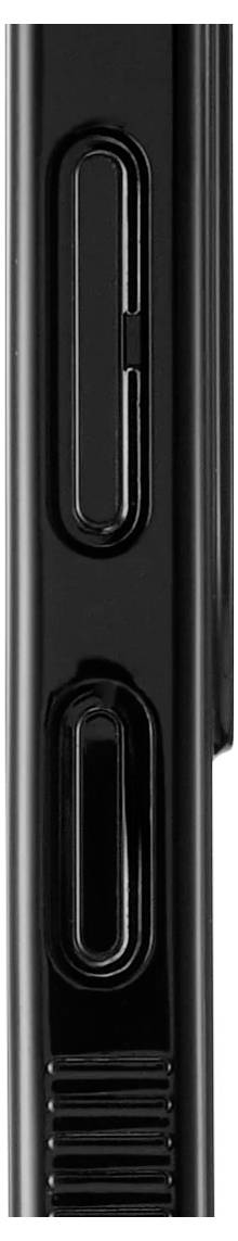 Nahaufnahme einer schwarzen glänzenden Gerätekante mit zwei länglichen ovalen Schaltflächen oder Öffnungen und einem gerippten Bereich in der Nähe des unteren Endes.