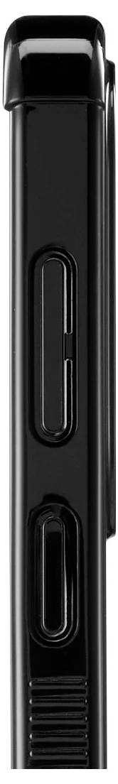 Nahaufnahme der Seite eines schwarzen tragbaren Geräts, die zwei vertikale Tasten und einen gerippten Griff in der Nähe des unteren Endes zeigt.